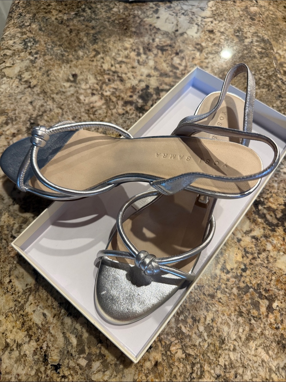 Yosi Samra Silver Knot-Strap Block Heel Sandals